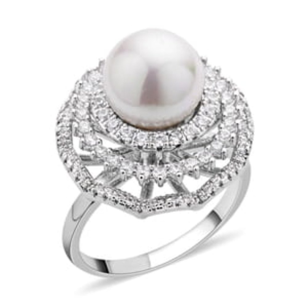 White Shell Pearl & Simulated Diamond Ring  Silvertone Size 6